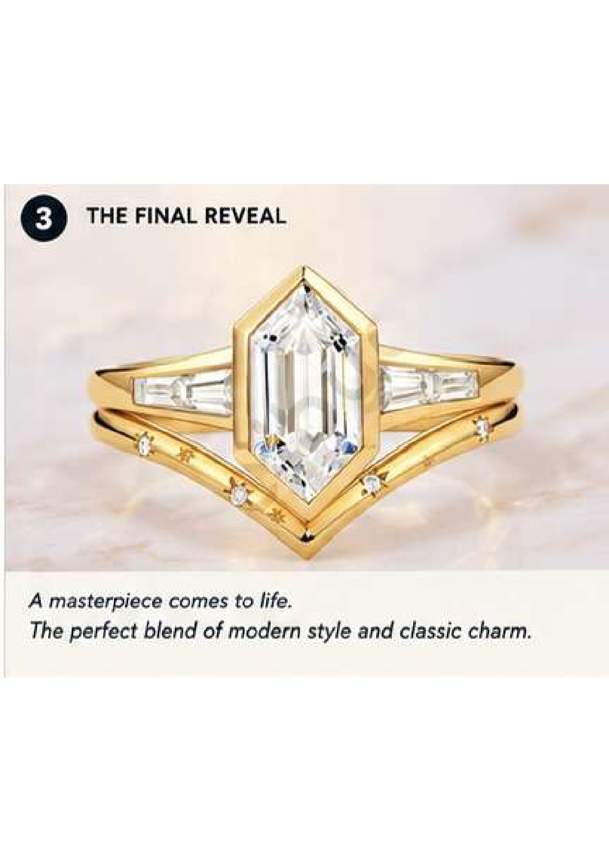 Art Deco Hexagon Moissanite Ring Set, 14K Gold Star Design Band, Bezel Moissanite Wedding Ring Set