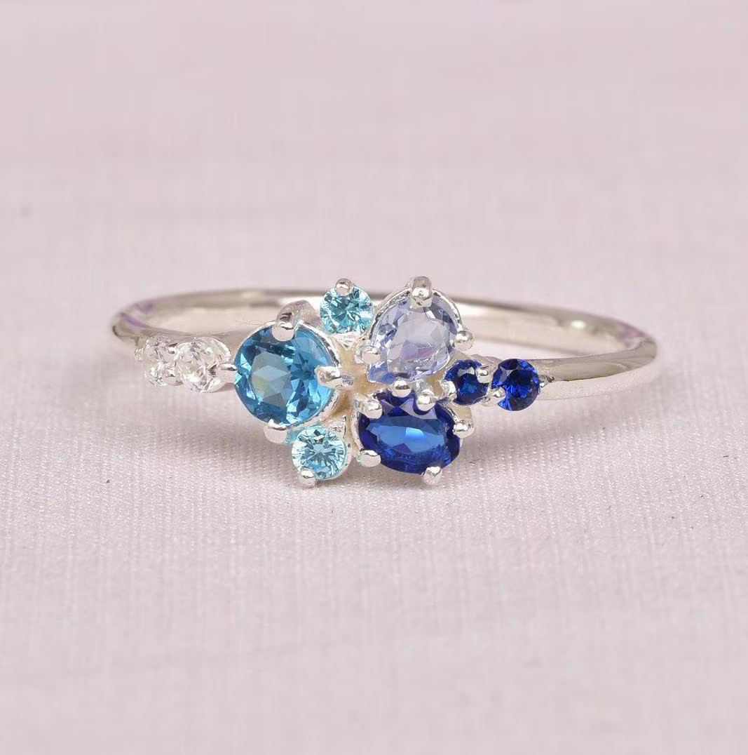 Tanzanite Lab Alexandrite And Teal Sapphire Cluster Ring, Hand Made Cluster Wedding Ring, Aquamarine Bridal Wedding Ring,  Multi Stones Ring