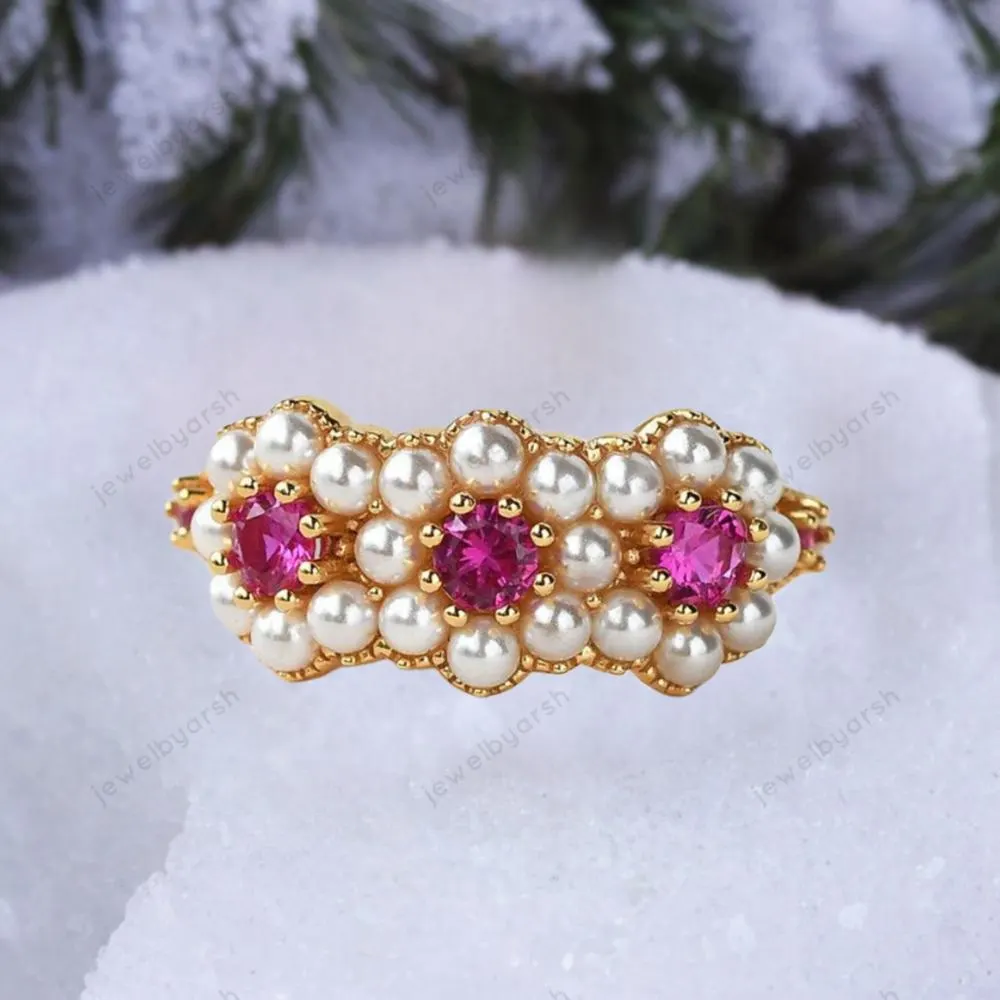 Red Ruby Ring, Halo Pearl Ring, July Birthstone Jewelry